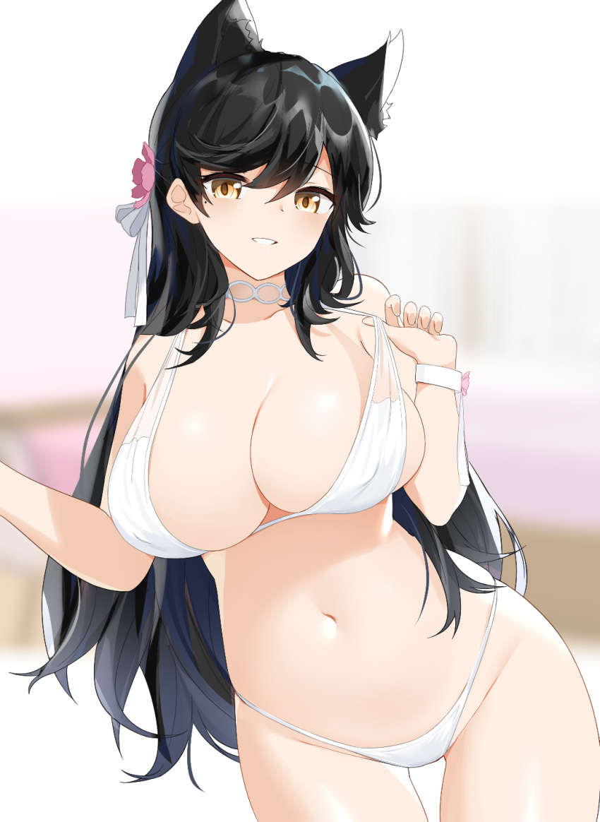 1girl animal_ear_fluff animal_ears atago_(azur_lane) atago_(midsummer_march)_(azur_lane) azur_lane bangs bikini bikini_tug black_hair blurry blurry_background blush breasts brown_eyes choker cleavage commentary_request cowboy_shot extra_ears eyebrows_visible_through_hair flower groin hair_between_eyes hair_flower hair_ornament hair_ribbon highres large_breasts long_hair looking_at_viewer midriff mole mole_under_eye navel parted_lips quiet revision ribbon shiny shiny_skin smile solo standing swept_bangs swimsuit white_bikini white_choker white_ribbon white_swimsuit wrist_cuffs