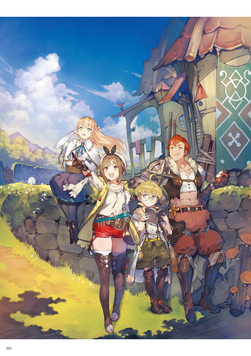 2boys 2girls :d :t abs ahoge apple atelier_(series) atelier_ryza bangs belt bird black_legwear blonde_hair blue_skirt blue_sky book boots braid brown_gloves brown_legwear capelet chain clock cloud collarbone day eating food fruit glasses gloves green_eyes green_shorts hair_ornament hairclip hat highres holding holding_book holding_food holding_fruit jewelry klaudia_valentz lent_marslink long_hair looking_away midriff multiple_boys multiple_girls navel official_art open_mouth outdoors pants pantyhose pointing red_hair red_pants red_shorts reisalin_stout shirt short_shorts shorts single_braid single_glove sitting skirt sky smile standing tao_mongarten teeth thighhighs thighs toe_ring toeless_boots toridamono upper_teeth wall white_headwear white_legwear white_shirt