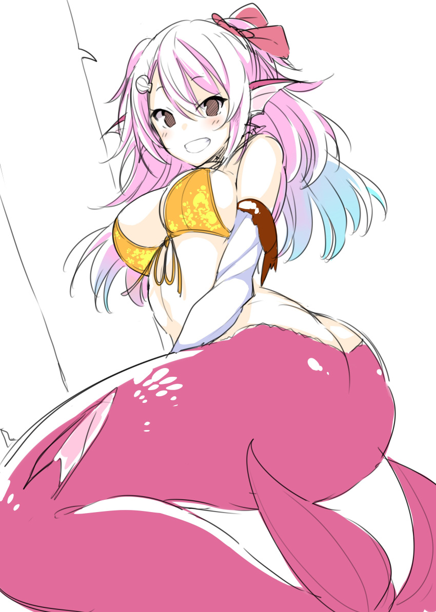 1girl :d absurdres ass bare_shoulders bikini blush bow breasts brown_eyes elbow_gloves eyebrows_visible_through_hair gloves hair_between_eyes hair_bow head_fins highres large_breasts looking_at_viewer matsunoki_(unknown_751) mermaid monster_girl open_mouth original pink_hair red_bow shell_hair_ornament smile solo swimsuit yellow_bikini