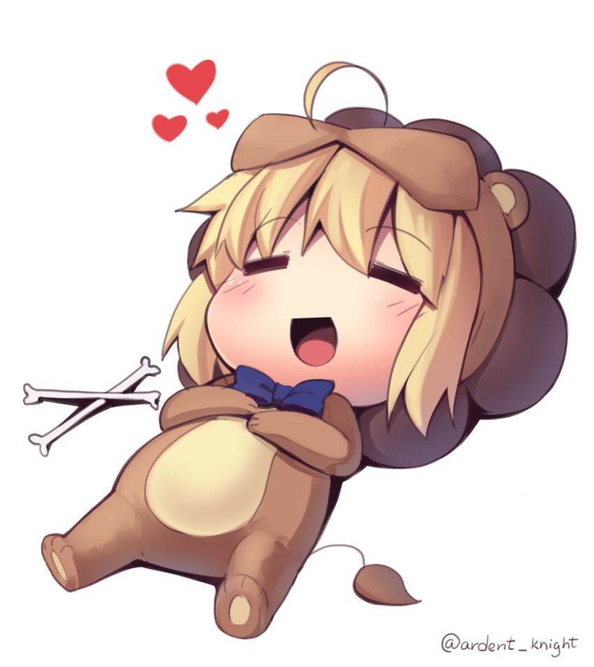 1girl :d =_= ahoge animal_costume artoria_pendragon_(all) blonde_hair blue_neckwear boa_(brianoa) bone bow bowtie chibi eyebrows_visible_through_hair fate/tiger_colosseum fate_(series) heart highres lying on_back open_mouth saber_lion smile solo transparent_background twitter_username