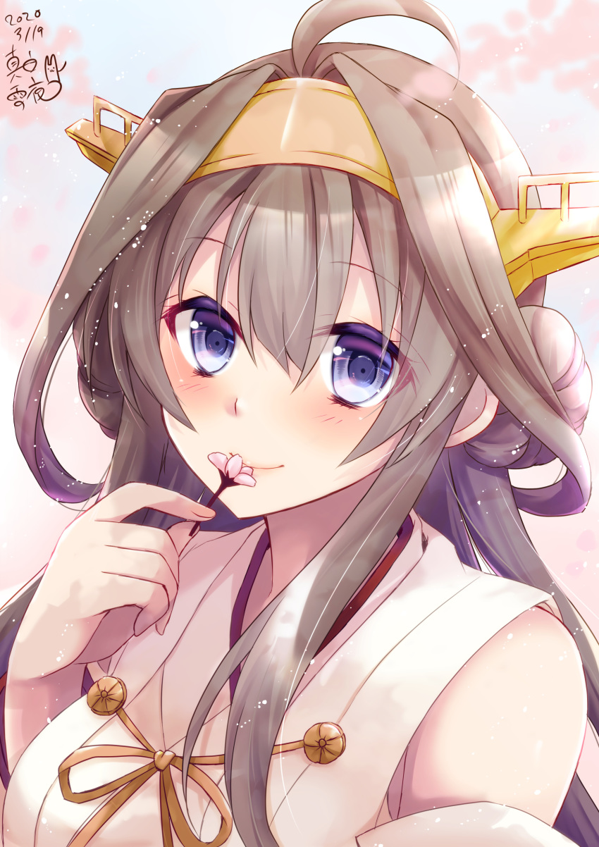 0yukiya0 1girl ahoge bangs blue_eyes blush breasts brown_hair dated detached_sleeves eyebrows_visible_through_hair flower hair_between_eyes hairband headgear highres holding holding_flower japanese_clothes kantai_collection kongou_(kantai_collection) long_hair nontraditional_miko pink_flower sidelocks signature smile solo upper_body