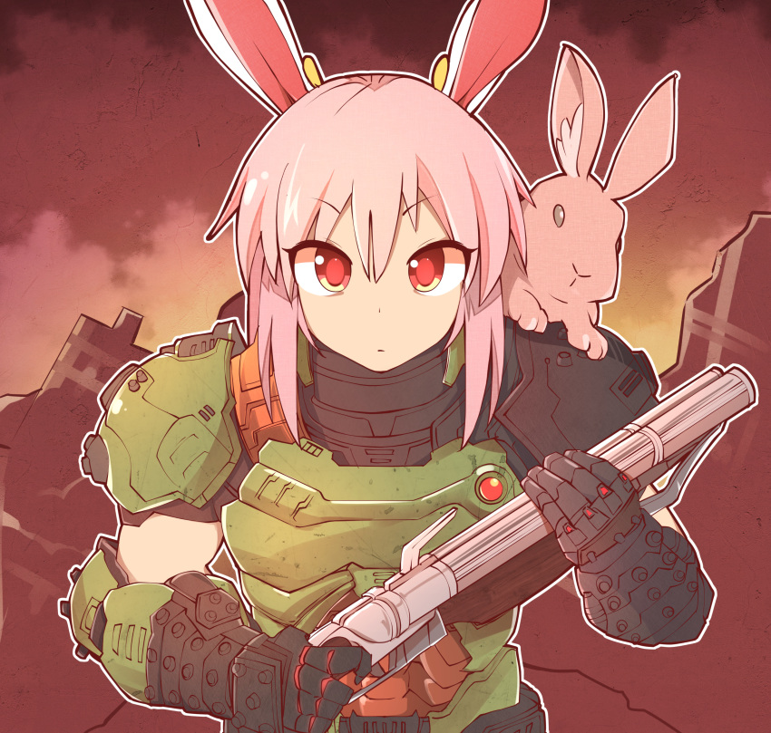 1girl absurdres animal_ears armor bunny bunny_ears commentary cosplay doom_(game) doom_eternal doomguy doomguy_(cosplay) double-barreled_shotgun double_barrels english_commentary expressionless eyebrows_visible_through_hair gun highres looking_at_viewer majormilk pink_hair red_eyes reisen_udongein_inaba shotgun touhou upper_body weapon