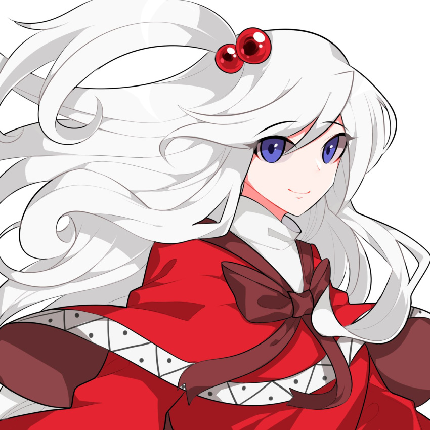 1girl blue_eyes bow dress eyebrows_visible_through_hair hair_between_eyes hair_bobbles hair_ornament highres long_hair long_sleeves looking_at_viewer mindoll mystic_square one_side_up ribbon shinki silver_hair simple_background smile touhou touhou_(pc-98)