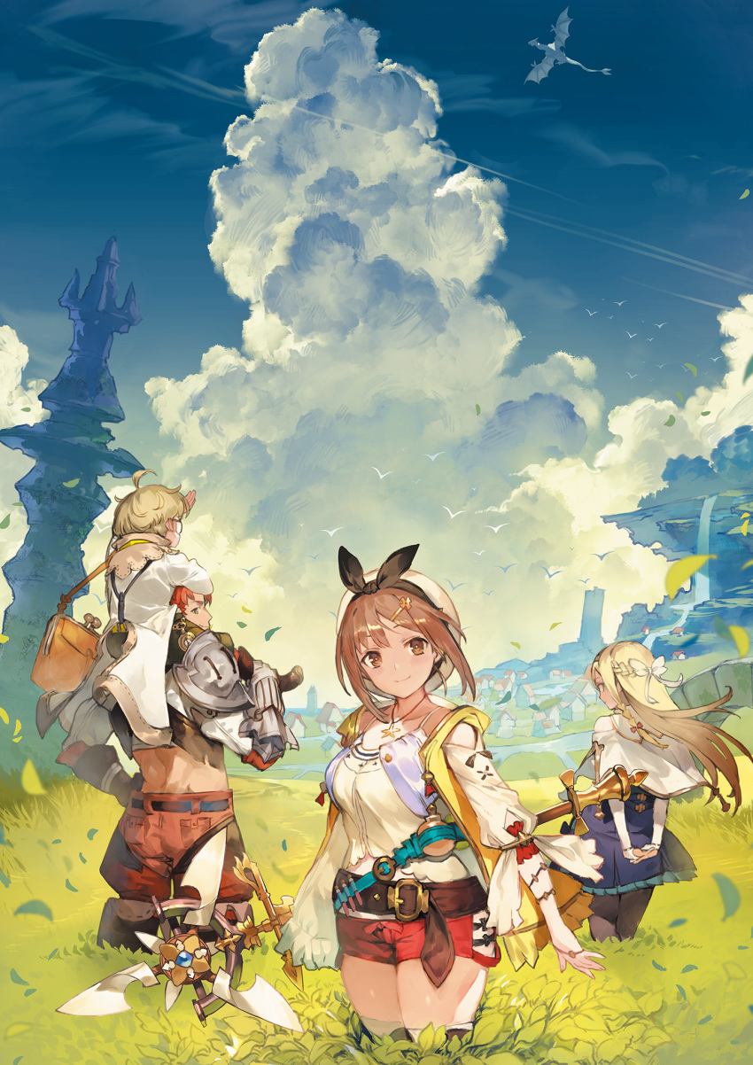 2boys 2girls atelier_(series) atelier_ryza blonde_hair braid brown_eyes brown_hair carrying cloud coat dragon from_behind glasses hair_ornament hair_ribbon hairclip half_updo hat highres hooded_vest jewelry key_visual klaudia_valentz lent_marslink long_hair looking_at_viewer looking_back midriff multiple_boys multiple_girls necklace official_art pantyhose red_hair red_shorts reisalin_stout ribbon round-bottom_flask short_hair short_shorts shorts shoulder_armor shoulder_carry skindentation staff suspenders tao_mongarten thighhighs thighs toridamono wyvern