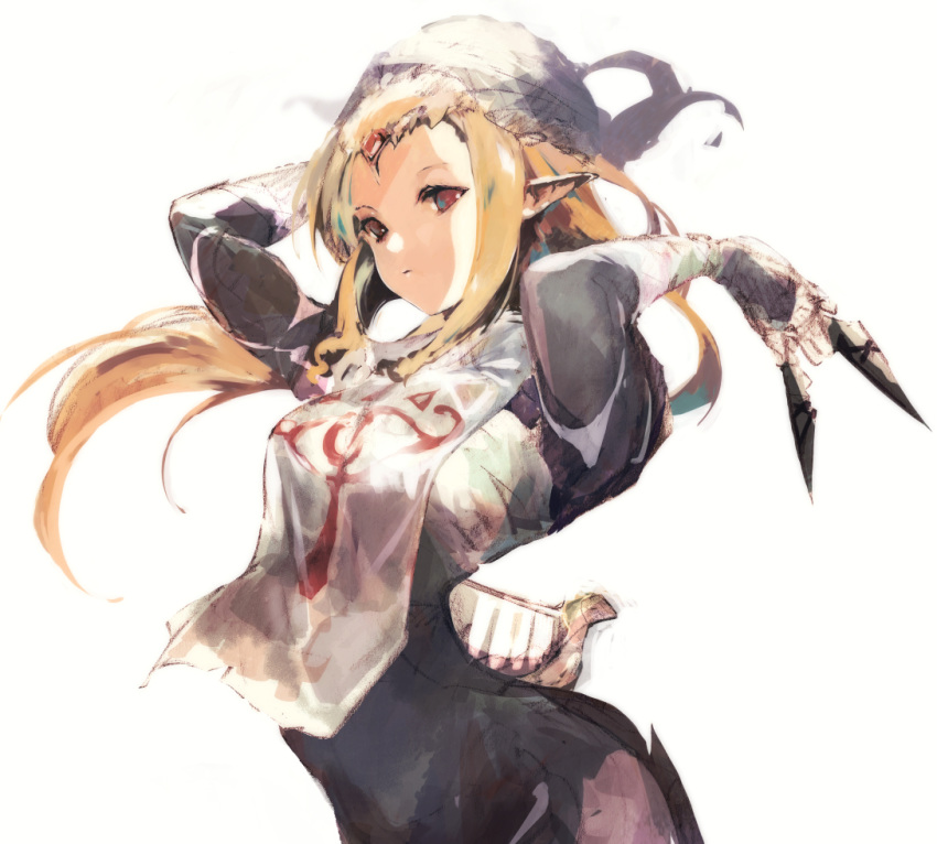 1girl arms_up between_fingers black_bodysuit blonde_hair bodysuit circlet closed_mouth commentary cowboy_shot holding holding_weapon kunai leaning_forward long_hair pointy_ears red_eyes ruby_(gemstone) sarashi shado_ne sheik sidelocks simple_background sketch solo the_legend_of_zelda the_legend_of_zelda:_ocarina_of_time turban weapon white_background