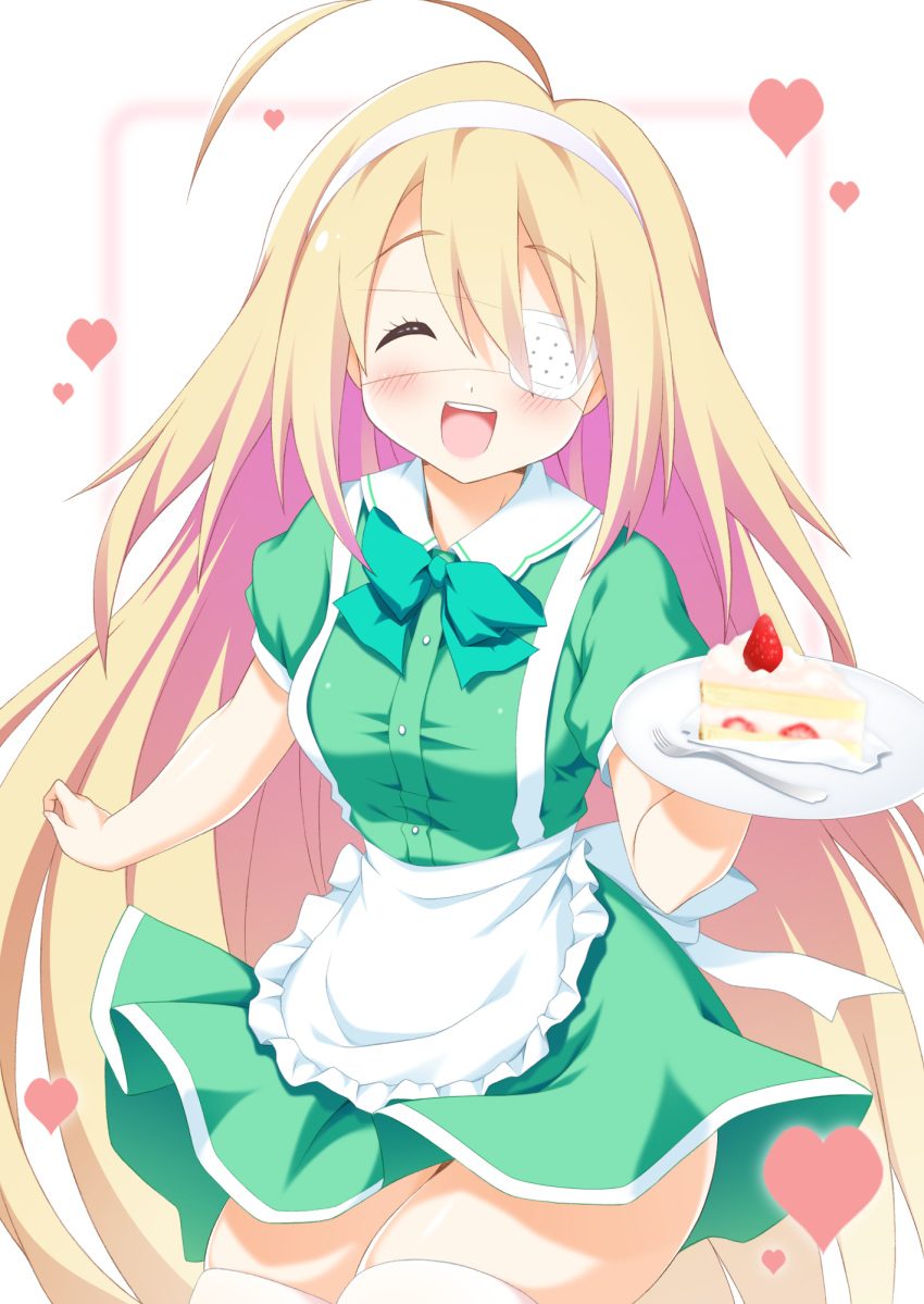 1girl :d ^_^ ahoge apron bangs blonde_hair blurry blurry_background blush bow breasts cake closed_eyes collared_dress commentary_request depth_of_field dress eyebrows_visible_through_hair eyepatch facing_viewer food fork frilled_apron frills fruit green_bow green_dress hair_between_eyes hairband heart highres holding holding_plate long_hair medical_eyepatch open_mouth original plate puffy_short_sleeves puffy_sleeves short_sleeves skindentation slice_of_cake small_breasts smile solo strawberry taira_takehiro thighhighs upper_teeth very_long_hair waist_apron white_apron white_hairband white_legwear