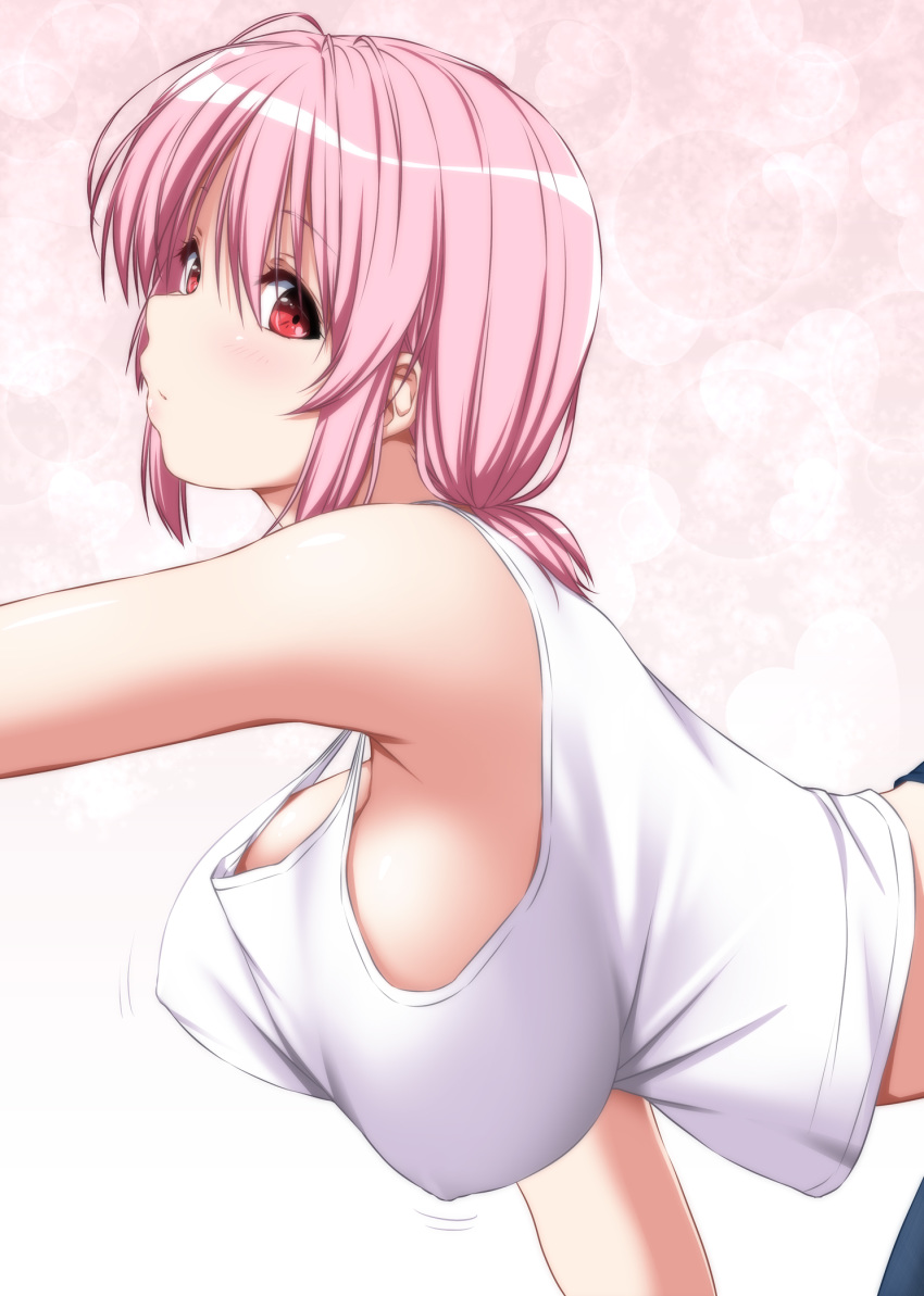 1girl bangs bare_shoulders bent_over breasts commentary covered_nipples gradient gradient_background hanging_breasts highres large_breasts midriff no_hat no_headwear nori_tamago pink_background pink_hair red_eyes saigyouji_yuyuko short_hair solo tank_top touhou upper_body white_tank_top