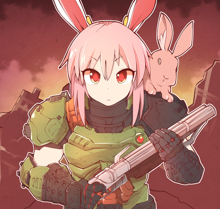 1girl absurdres animal_ears armor bunny bunny_ears cosplay doom_(game) doom_eternal doomguy doomguy_(cosplay) double-barreled_shotgun double_barrels expressionless eyebrows_visible_through_hair gun highres huge_filesize looking_at_viewer majormilk pink_hair red_eyes reisen_udongein_inaba shotgun touhou upper_body weapon