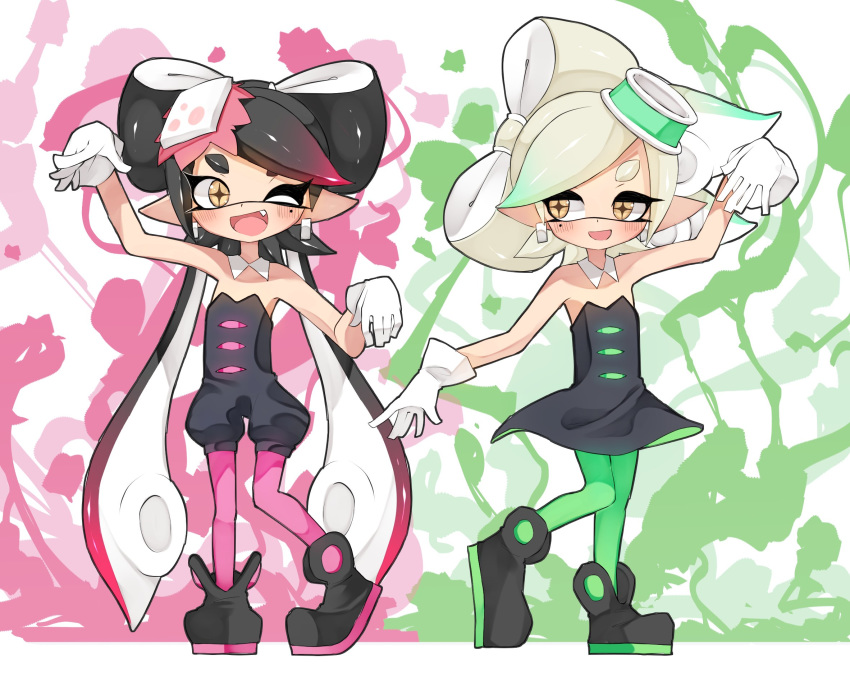 +_+ 2girls ;d aori_(splatoon) black_dress black_footwear black_hair black_jumpsuit brown_eyes collar cousins detached_collar domino_mask dress earrings fang food food_on_head gloves gradient_hair green_hair green_legwear grey_hair heel_up highres hotaru_(splatoon) jewelry long_hair looking_at_another looking_at_viewer mask medium_hair mole mole_under_eye multicolored_hair multiple_girls object_on_head one_eye_closed open_mouth paint_splatter pantyhose pointy_ears pose purple_hair purple_legwear shoes short_dress short_jumpsuit smile splatoon_(series) splatoon_1 standing strapless strapless_dress sukeo_(nunswa08) sushi tentacle_hair very_long_hair white_collar white_gloves