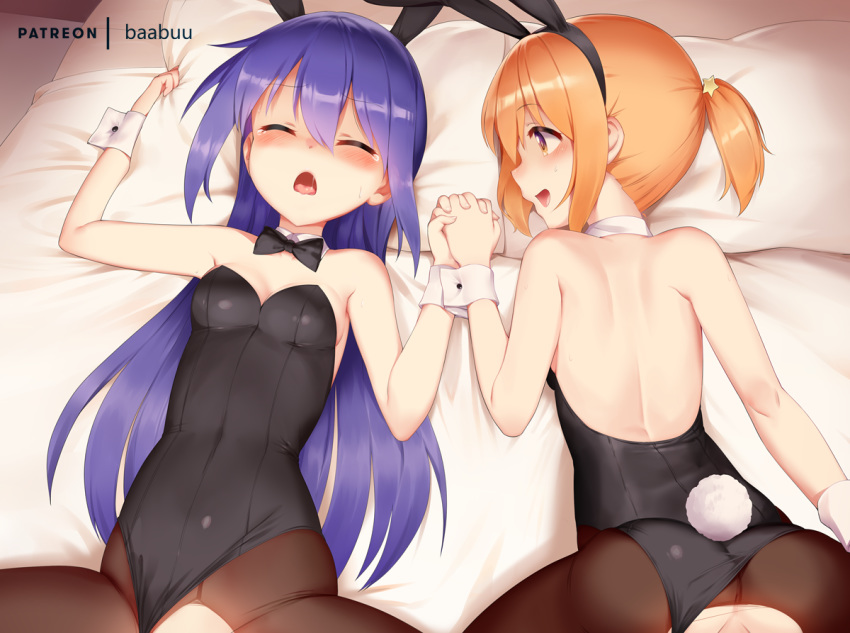2girls animal_ears arm_up armpits ass babu bare_back bare_shoulders bed black_legwear black_leotard blonde_hair blush breasts brown_eyes bunny_ears bunny_girl bunny_tail bunnysuit cleavage closed_eyes covered_navel detached_collar fake_animal_ears fake_tail hairband holding_hands implied_bisexual implied_sex koisuru_asteroid konohata_mira leotard leotard_aside long_hair lying manaka_ao moaning multiple_girls on_back on_stomach open_mouth out-of-frame_censoring pantyhose pillow pillow_grab ponytail purple_hair short_hair small_breasts smile strapless strapless_leotard tail tears thighs top-down_bottom-up torn_clothes torn_legwear wrist_cuffs