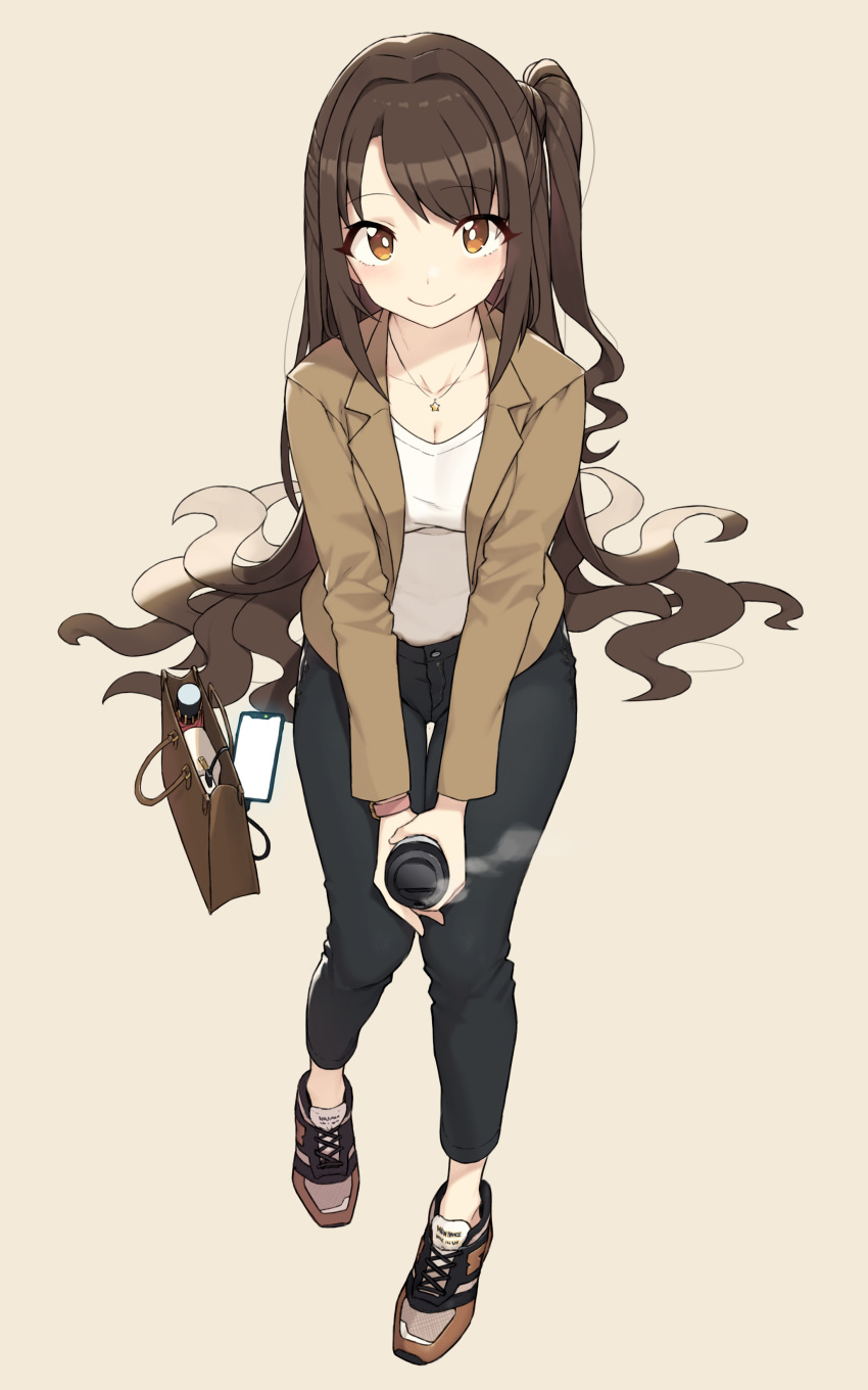 1girl absurdres bag blush brown_eyes brown_hair capri_pants cellphone cloba commentary_request cup denim disposable_cup eyebrows_visible_through_hair full_body half_updo handbag highres holding holding_cup idolmaster idolmaster_cinderella_girls jacket jewelry long_hair looking_at_viewer necklace one_side_up open_clothes open_jacket pants partial_commentary phone shimamura_uzuki shirt shoes simple_background sitting smartphone smile sneakers solo star star_necklace thigh_gap umbrella very_long_hair watch wristwatch