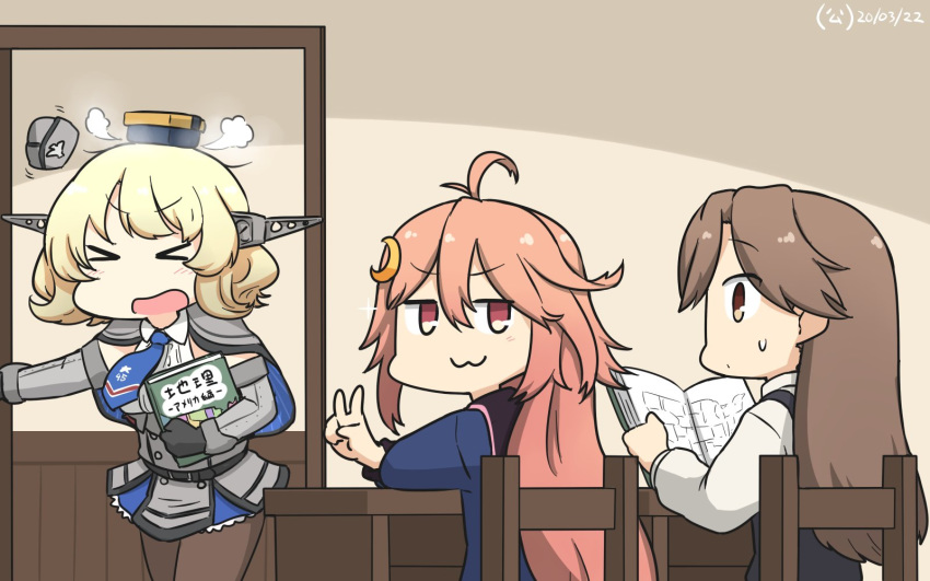 3girls :3 arashio_(kantai_collection) black_gloves black_legwear black_sailor_collar blonde_hair blue_neckwear blue_shirt book breasts brown_eyes brown_hair capelet chair classroom_eraser closed_eyes colorado_(kantai_collection) commentary_request crescent crescent_hair_ornament dated desk dress elbow_gloves entrance garrison_cap gloves grey_dress grey_headwear hair_ornament hamu_koutarou hat headgear highres indoors kantai_collection long_hair long_sleeves multiple_girls necktie pantyhose pinafore_dress pink_hair pleated_dress red_eyes sailor_collar school_desk shirt short_hair side_braids sideboob sleeveless translated uzuki_(kantai_collection) v white_shirt