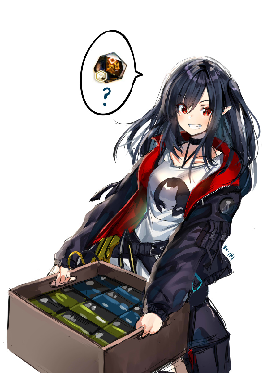 1girl ? absurdres arknights artist_name belt black_coat black_hair box choker closure_(arknights) coat collarbone crate english_commentary grin highres holding holding_box kuini long_hair long_sleeves looking_at_viewer originium_(arknights) red_eyes shirt simple_background sketch smile solo standing teeth twintails white_background white_shirt