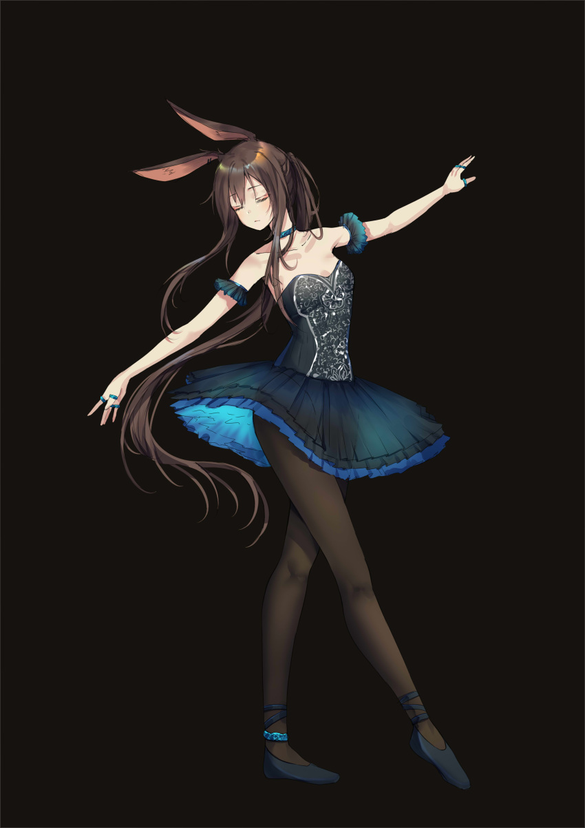 1girl absurdres adapted_costume amiya_(arknights) animal_ears ankle_ribbon anklet arknights arm_cuffs ballerina ballet ballet_slippers black_background black_dress black_legwear blue_footwear breasts brown_hair bunny_ears choker closed_eyes closed_mouth collarbone dancing dress expressionless eyelashes frilled_cuffs frilled_skirt frills full_body highres jewelry kuini leotard long_hair miniskirt multiple_rings off-shoulder_dress off_shoulder outstretched_arms pantyhose pleated_skirt ribbon ring see-through_silhouette shoes short_dress simple_background skirt small_breasts solo standing thumb_ring