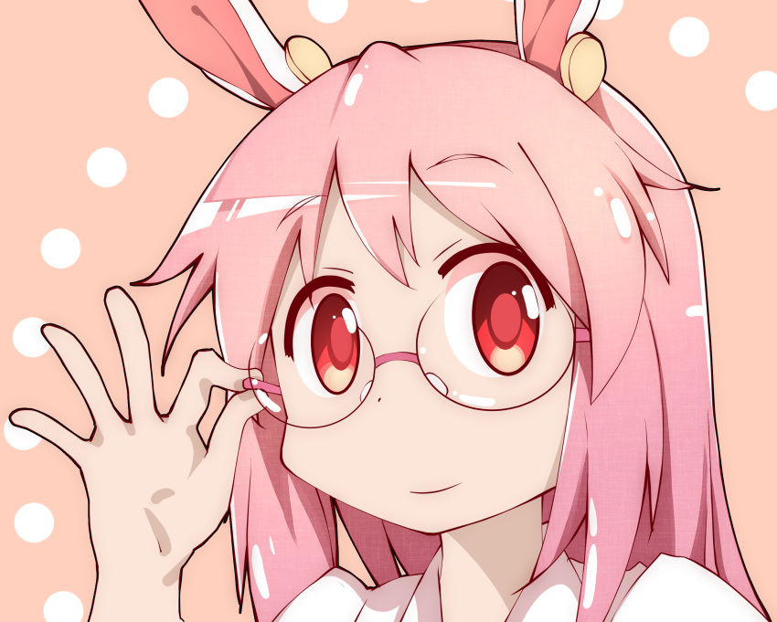 1girl absurdres adjusting_eyewear animal_ears arm_up bespectacled bunny_ears closed_mouth collared_shirt cosplay glasses highres long_hair looking_at_viewer majormilk nonohara_yuzuko nonohara_yuzuko_(cosplay) pink_hair red_eyes reisen_udongein_inaba rimless_eyewear shirt smile solo touhou upper_teeth white_shirt yuyushiki