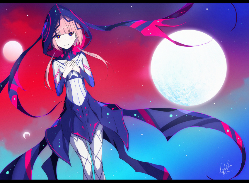 1girl bangs blue_eyes blunt_bangs blush closed_mouth feet_out_of_frame hands_on_own_chest highres hood hood_up jacket jacket_removed kaf kamitsubaki_studio letterboxed long_hair long_sleeves looking_at_viewer low_tied_hair moon outdoors palow pink_hair red_eyes signature sky solo star_(sky) starry_sky tied_hair virtual_kaf virtual_youtuber yellow_eyes