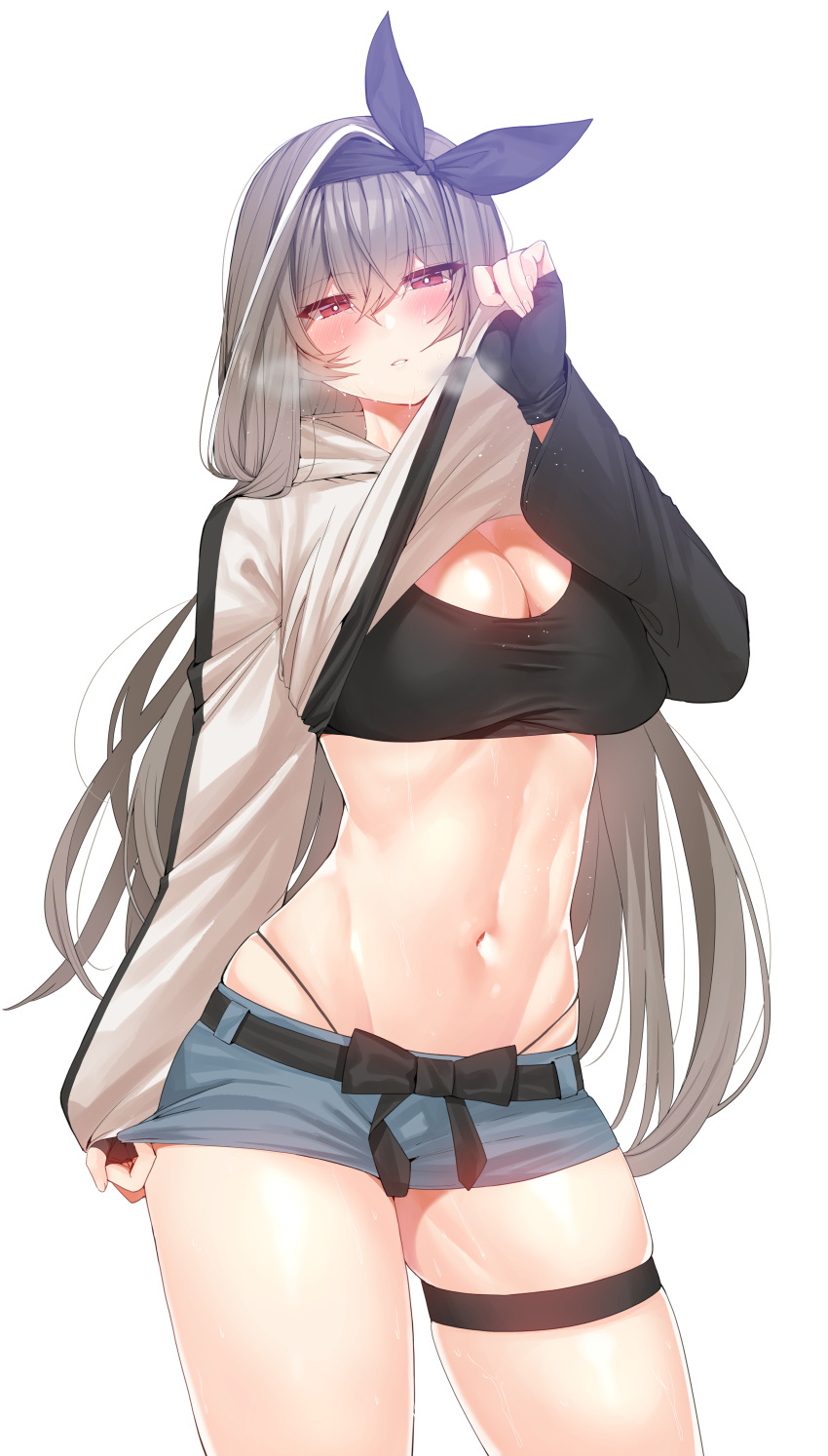 1girl absurdres breasts cleavage closers commentary_request fingerless_gloves gloves grey_hair hair_between_eyes highres hooded_shirt jacket_lift long_hair looking_at_viewer midriff mirae_(closers) navel short_shorts shorts simple_background skulllee solo very_long_hair white_background