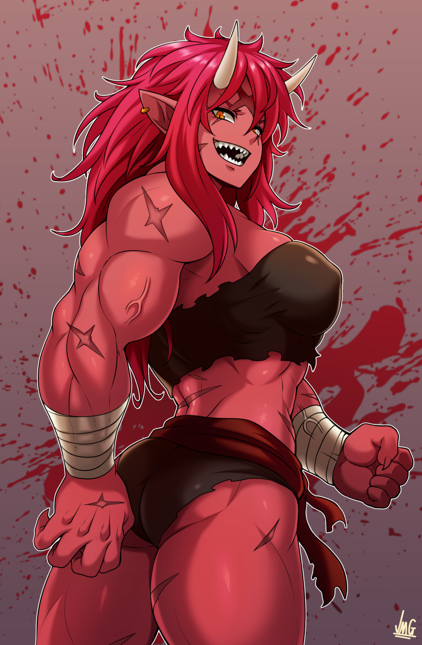 1girl absurdres ass bandaged_wrist bandeau black_shorts breasts clenched_hand covered_nipples earrings fingernails highres horns jewelry jmg large_breasts long_hair looking_back midriff muscle muscular_female oni oni_horns open_mouth orange_eyes original pointy_ears red_hair red_oni red_skin sash scar scar_across_eye sharp_fingernails sharp_teeth short_shorts shorts slit_pupils solo standing strapless teeth thick_thighs thighs veins