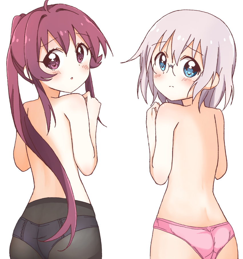 2girls ass black_legwear blue_eyes blush closed_mouth eyebrows_visible_through_hair glasses highres ikeda_chitose long_hair looking_at_viewer looking_back mesushio multiple_girls no_bra open_mouth panties panties_under_pantyhose pantyhose pink_panties ponytail purple_eyes purple_hair shiny shiny_hair short_hair simple_background standing sugiura_ayano topless underwear upper_body white_background white_hair white_panties yuru_yuri