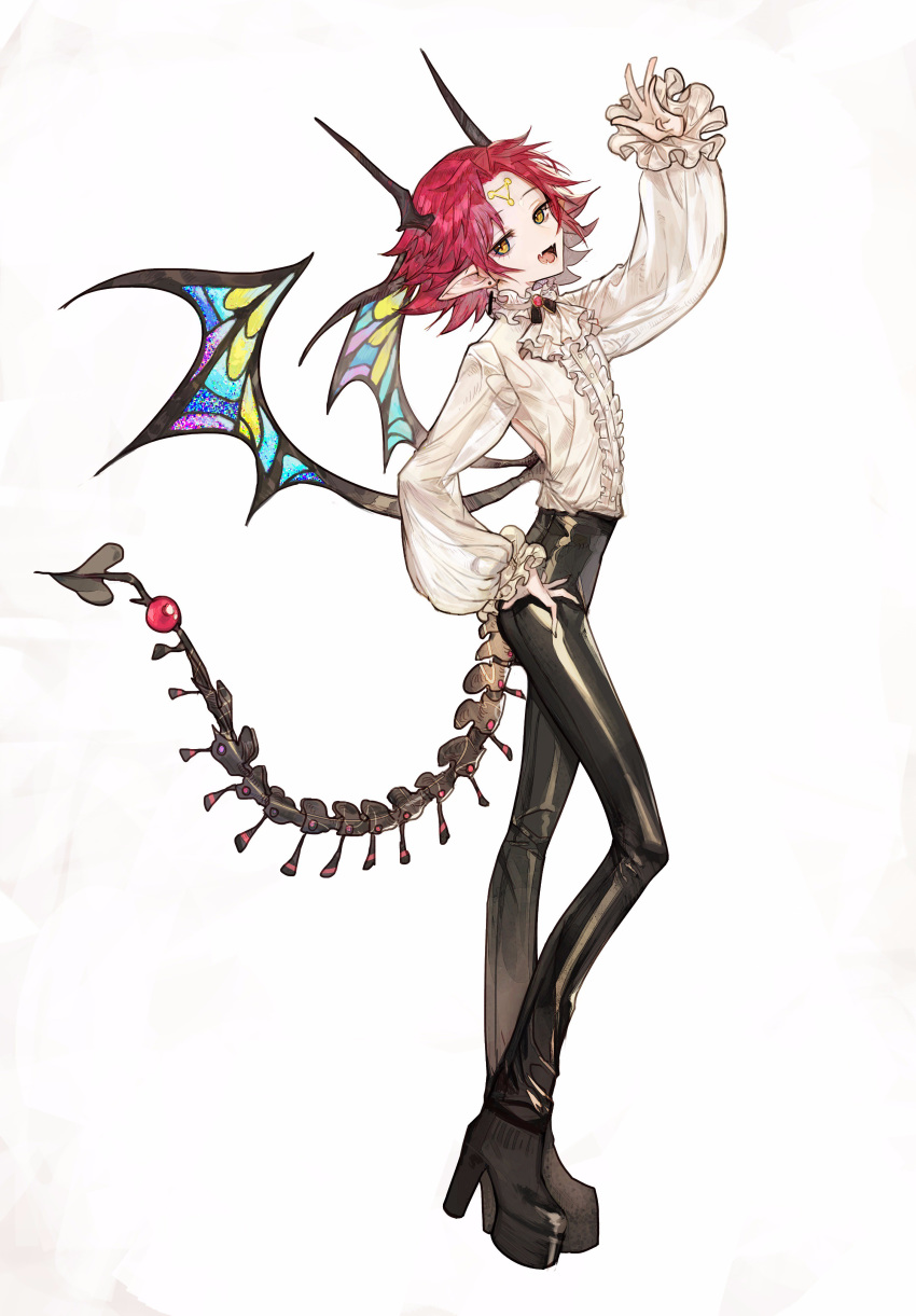 :d absurdres ascot black_pants blouse boots copyright_request demon_tail demon_wings earrings fang from_side full_body hand_on_hip hand_up head_tilt high_heel_boots high_heels highres horns jewelry long_sleeves looking_at_viewer looking_to_the_side low_wings open_mouth pants pointy_ears red_hair rosette_(yankaixuan) short_hair simple_background skin_tight smile tail white_background white_blouse white_neckwear wings yellow_eyes