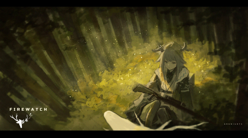 1girl animal antlers arknights backpack bag bangs bow_(weapon) character_name copyright_name crossbow english_text firewatch_(arknights) forest gloves grey_hair highres holding holding_weapon long_hair long_sleeves nature outdoors pantyhose reindeer reindeer_antlers reindeer_girl sidelocks sitting solo_focus tree weapon xinuo223
