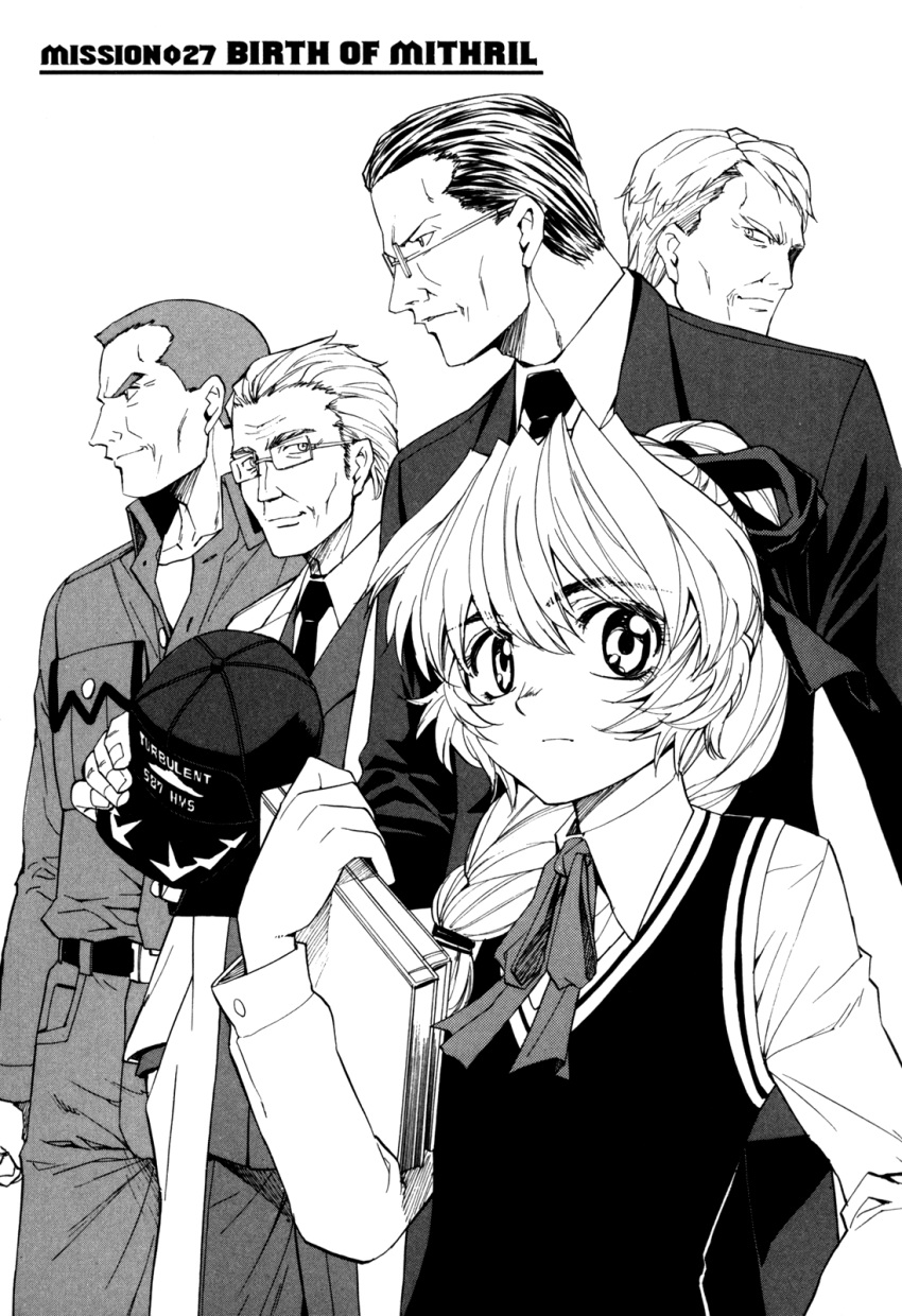 1girl 4boys baseball_cap book bow character_request closed_mouth eyebrows_visible_through_hair full_metal_panic! glasses greyscale hair_between_eyes hair_bow hat highres labcoat looking_at_viewer military military_hat military_uniform monochrome multiple_boys necktie non-web_source ponytail richard_mardukas rimless_eyewear short_hair simple_background teletha_testarossa uniform white_background younger