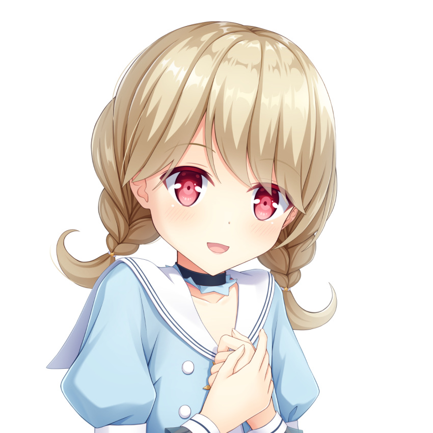 1girl bangs blonde_hair blue_shirt blush braid collar collarbone commentary_request eyebrows_visible_through_hair hands_together highres iwamoto_sora looking_at_viewer open_mouth original red_eyes sailor_collar shiny shiny_hair shirt simple_background smile solo swept_bangs twin_braids upper_body virtual_youtuber white_background
