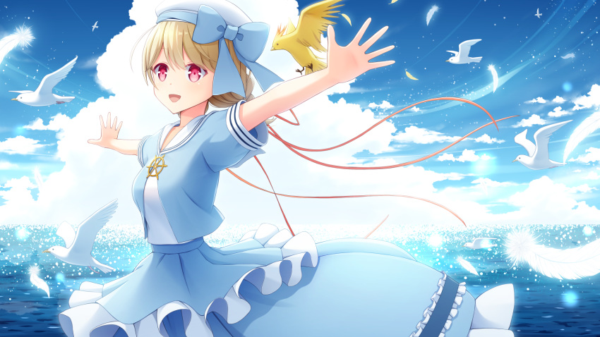 1girl bangs beret bird blonde_hair blue_shirt blue_skirt breasts cloud cloudy_sky commentary_request eyebrows_visible_through_hair feathers hair_between_eyes hair_ribbon hat highres iwamoto_sora long_skirt looking_at_viewer medium_hair ocean open_mouth original outstretched_arms red_eyes red_ribbon ribbon sailor_collar shirt short_sleeves skirt sky small_breasts virtual_youtuber white_headwear