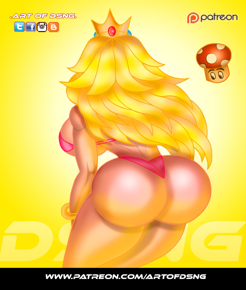 absurd_res big_breasts big_butt breasts butt butt_focus dsng dsng_art female hi_res human mammal mario_bros mature_female nintendo not_furry patreon princess_peach solo text thick_thighs url video_games