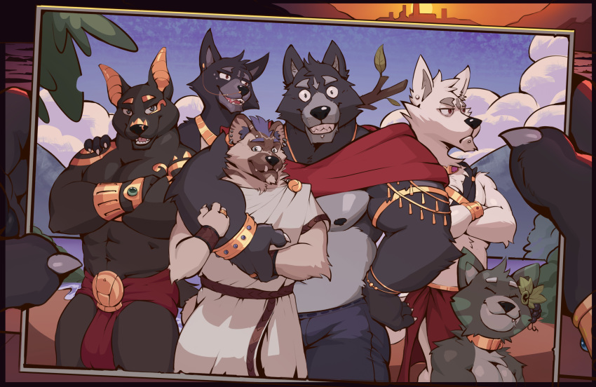 2020 abs absurd_res adastra alexios_(adastra) amicus_(adastra) angrytotemwolf anthro anubian_jackal arm_around_shoulders beach biceps biped black_body black_fur black_nipples blue_eyes body_hair bottomwear bulge canid canine canis cape cassius_(adastra) claws clothed clothing cloud collar crossed_arms day digital_media_(artwork) domestic_cat echo_project facial_piercing fangs felid feline felis female fur gold_(metal) gold_collar grape green_body green_fur grey_body grey_fur group group_picture hand_holding hand_on_shoulder happy hi_res holding_photo hug jackal jewelry lake looking_at_viewer male male/male mammal markings mountain multicolored_body multicolored_fur musclegut muscular muscular_male navel neferu_(adastra) nipples nose_piercing pants pecs photo piercing purple_eyes red_eyes robe romantic_ambiance romantic_couple royalty seaside sky smile sunset toga tongue topless tree two_tone_body two_tone_fur video_games virginia_(adastra) visual_novel white_body white_fur wolf yellow_markings