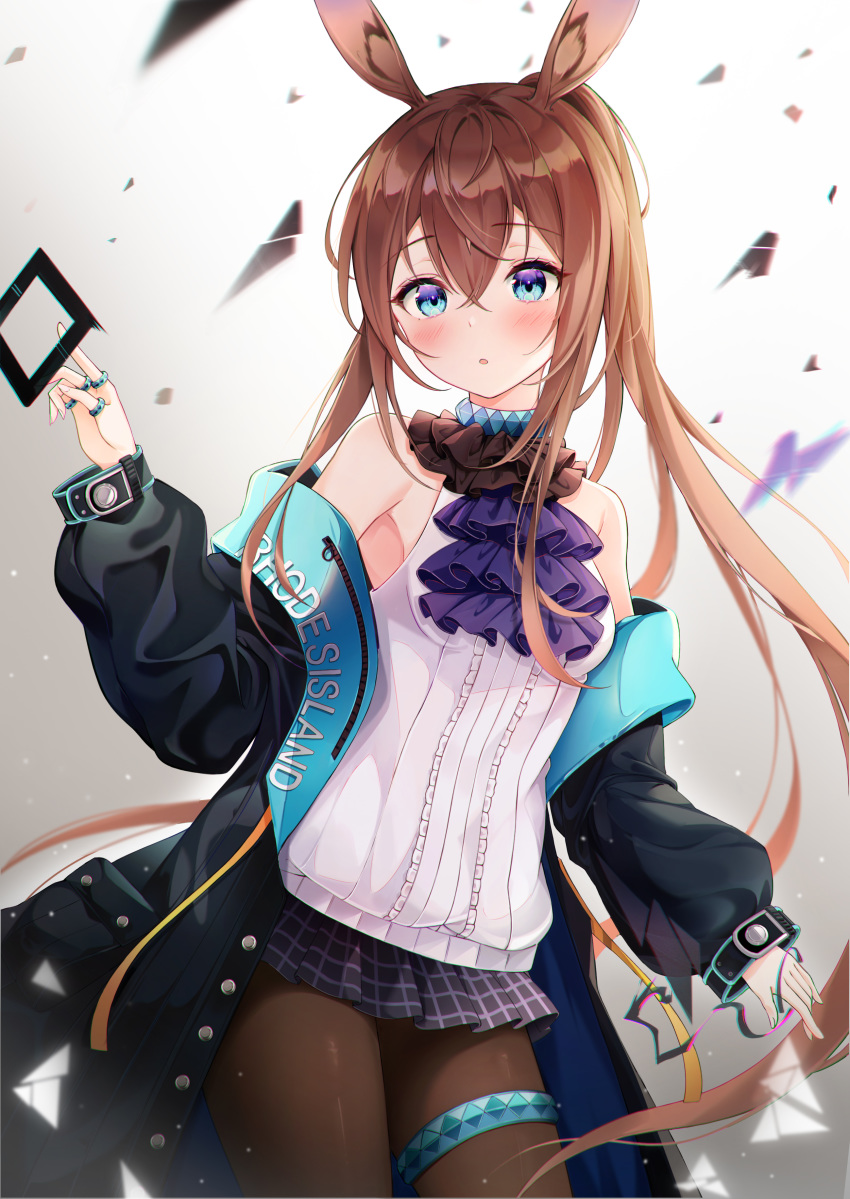 1girl absurdres amiya_(arknights) animal_ears anklet arknights ascot bare_shoulders black_jacket black_skirt blue_eyes breasts brown_hair brown_legwear bunny_ears choker clothes_writing commentary cowboy_shot frills hair_between_eyes hand_up highres jacket jewelry lebring long_hair long_sleeves looking_at_viewer miniskirt multiple_rings off_shoulder open_clothes open_jacket pantyhose parted_lips plaid plaid_skirt pleated_skirt ponytail puffy_sleeves ring shirt skirt sleeveless sleeveless_shirt small_breasts solo thumb_ring very_long_hair white_background white_shirt