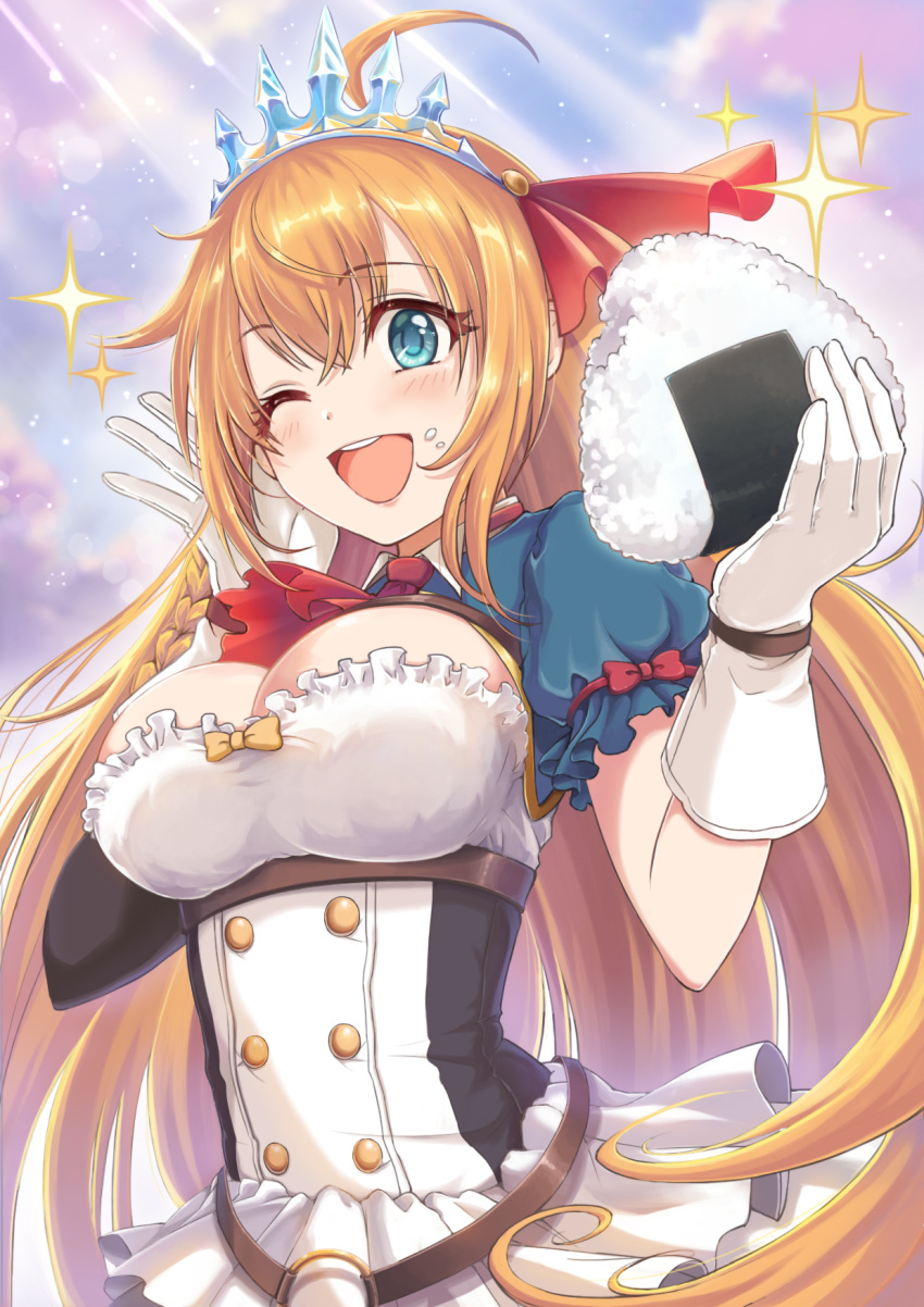 1girl ;d blue_eyes breasts cleavage commentary_request food food_on_face frilled_skirt frills gloves hair_ribbon hands_up highres holding holding_food long_hair looking_at_viewer one_eye_closed onigiri open_mouth orange_hair pecorine princess_connect! princess_connect!_re:dive puffy_short_sleeves puffy_sleeves red_ribbon ribbon short_sleeves skirt smile solo sparkle tiara tomato_(kiiroitomato33) white_gloves white_skirt