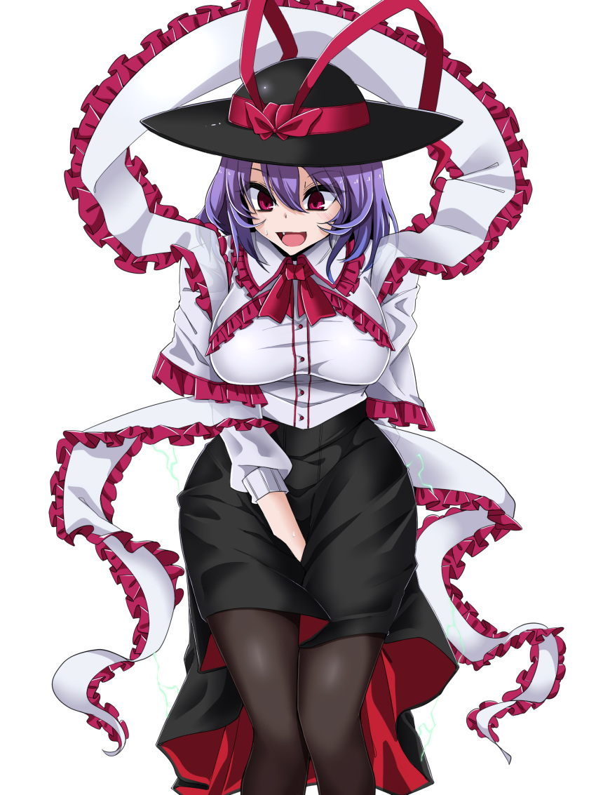 1girl :d absurdres bangs black_headwear black_legwear black_skirt bow breasts commentary eyebrows_visible_through_hair fang feet_out_of_frame frilled_shawl frilled_shirt_collar frills hair_between_eyes hat hat_bow highres large_breasts long_sleeves looking_at_viewer miniskirt nagae_iku open_mouth pantyhose purple_hair red_bow red_eyes red_neckwear revision rihito_(usazukin) shawl shirt short_hair simple_background skirt smile solo standing touhou white_background white_shirt