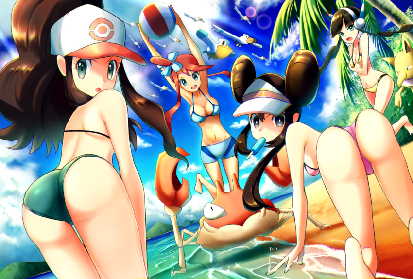 4girls :d :o arms_up ass back ball bangs barefoot baseball_cap beach beachball bent_over bikini bikini_shorts black_hair blue_bikini blue_eyes blue_shorts blue_sky breasts brown_hair cloud commentary covering covering_breasts cowboy_shot curly_hair day double_bun eyebrows_visible_through_hair flying food food_in_mouth full_body fuuro_(pokemon) gen_1_pokemon gen_3_pokemon green_bikini groin gym_leader hair_between_eyes hair_ornament hat headphones high_ponytail holding holding_ball horizon hypno island kamitsure_(pokemon) krabby large_breasts lens_flare long_hair looking_at_viewer mei_(pokemon) midriff multiple_girls navel ocean open_mouth outdoors palm_tree pelipper pink_bikini poke_ball_print pokemon pokemon_(creature) pokemon_(game) pokemon_bw pokemon_bw2 popsicle red_hair rowdon sand shorts sidelocks sky small_breasts smile standing standing_on_one_leg sunlight swimsuit touko_(pokemon) tree twintails upper_teeth very_long_hair visor_cap white_headwear wingull yellow_bikini