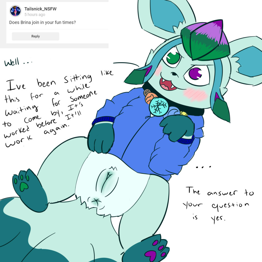 1:1 alolan_vulpix anus ask_blog black_nose blue_anus blue_pussy blush bottomless brina_(h2o2) clitoris clothed clothed_feral clothing collar dialogue eeveelution english_text female feral flat_shading fluffy fluffy_tail genitals glaceon green_eyes green_pawpads h2o2 heterochromia hi_res hoodie hybrid inviting looking_at_viewer multi_tail nintendo open_mouth pawpads pok&eacute;mon pok&eacute;mon_(species) purple_eyes purple_pawpads pussy regional_form_(pok&eacute;mon) snout spread_legs spreading talking_to_viewer text topwear video_games