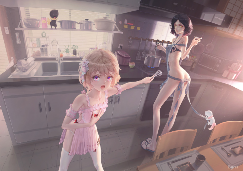 2girls :o absurdres apron armband artist_name ass bad_anatomy black_hair breasts chair choker chopsticks cooking cup day dishes drawer dress earrings flat_chest flower hair_flower hair_ornament hand_up highres indoors iwanaga_kotoko jewelry kyokou_suiri ladle lgmt light_brown_hair light_switch long_legs looking_at_viewer multiple_girls naked_apron oven pink_dress plant pot potted_plant prosthesis prosthetic_leg reflection rice_cooker sakazuki sakuragawa_rikka sandals see-through shelf short_hair sink skinny small_breasts spatula spoon stove tile_floor tiles toaster_oven whisk white_legwear yellow_eyes youkai