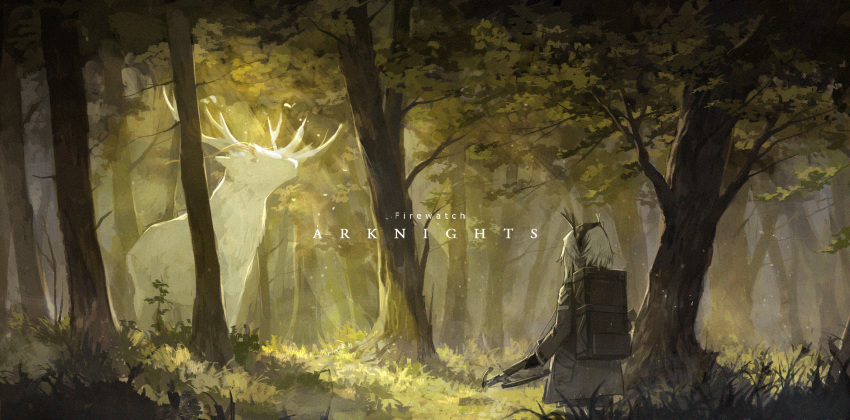 1girl animal antlers arknights backpack bag bow_(weapon) character_name commentary copyright_name crossbow english_text firewatch_(arknights) forest gloves grey_hair hairband highres holding holding_weapon light_rays long_hair long_sleeves nature outdoors ponytail reindeer reindeer_antlers reindeer_girl standing sunbeam sunlight tree weapon xinuo223