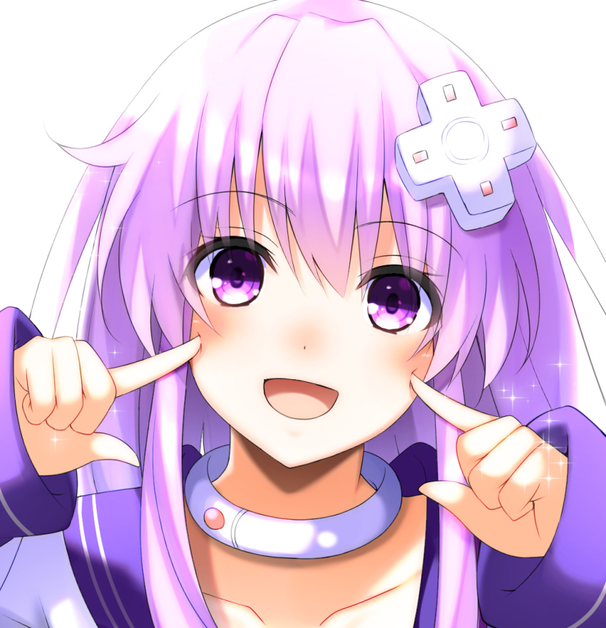 bangs choujigen_game_neptune collar commentary_request d-pad d-pad_hair_ornament doria_(5073726) dress eyebrows_visible_through_hair finger_to_cheek hair_between_eyes hair_ornament index_finger_raised long_hair long_sleeves looking_at_viewer nepgear neptune_(series) pointing pointing_at_self purple_eyes purple_hair sailor_dress sidelocks simple_background white_background