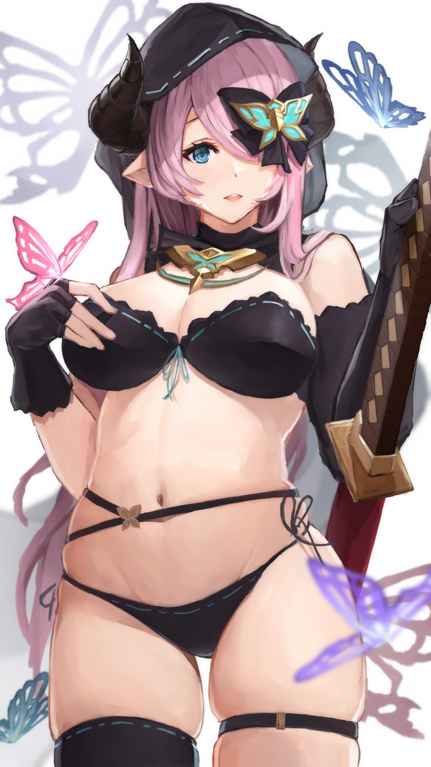 1girl absurdres asymmetrical_gloves bare_shoulders bikini black_bikini black_bow black_gloves black_legwear black_ribbon blue_eyes blue_ribbon bow breasts bug butterfly butterfly_background butterfly_hair_ornament butterfly_on_hand cleavage cowboy_shot detached_collar elbow_gloves fingerless_gloves gloves granblue_fantasy hair_bow hair_ornament hair_over_one_eye hand_on_own_chest hand_on_weapon highres insect kuroa_geha large_breasts long_hair narmaya_(granblue_fantasy) navel parted_lips pointy_ears purple_hair ribbon ribbon-trimmed_bikini sheath sheathed side-tie_bikini single_elbow_glove single_fingerless_glove single_thighhigh skindentation smile solo stomach strapless strapless_bikini swimsuit sword thigh_strap thighhighs veil weapon white_background