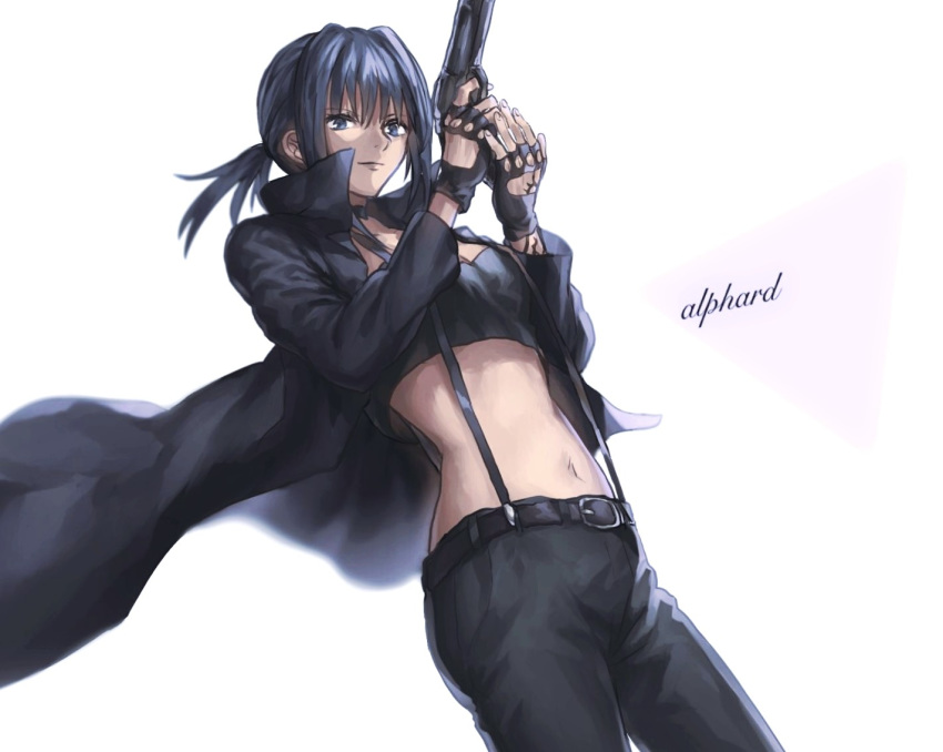 1girl 428 alphard bangs belt belt_buckle black_belt black_hair black_pants blue_eyes breasts buckle canaan choker cleavage closed_mouth collarbone commentary_request cowboy_shot crop_top knj_k_ari long_hair medium_breasts midriff navel pants ponytail shiny shiny_hair simple_background solo stomach suspenders white_background