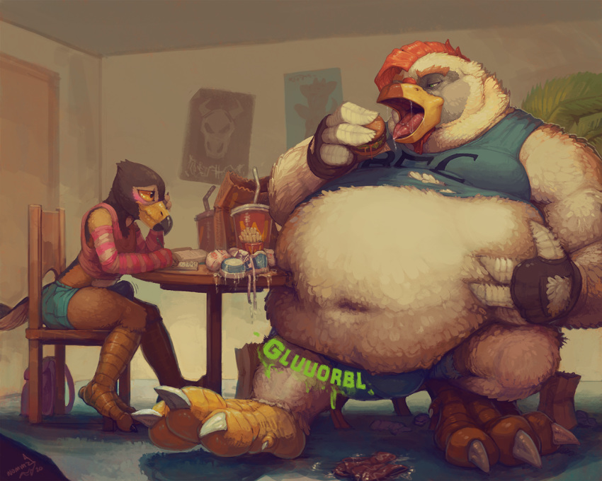 2020 5:4 after_vore anthro arm_support arm_warmers armwear avian backless_gloves beak belly beverage big_belly biped bird black_beak black_body black_feathers blush bodily_fluids bottomwear brown_body brown_feathers bulge burger chair chicken clothed clothing cup detailed_background digital_media_(artwork) duo eating eyebrows feathers fingerless_gloves food footwear fries furniture galliform gallus_(genus) girly gloves green_bottomwear green_clothing green_eyes green_shorts hair handwear inside leaning_on_elbow male male_pred multicolored_beak multicolored_body multicolored_feathers navel nommz obese obese_male onomatopoeia overweight overweight_male pattern_armwear pattern_clothing phasianid pink_clothing pink_shirt pink_topwear red_beak red_eyebrows red_hair saliva shirt shoes shorts signature sitting size_difference soda sound_effects striped_armwear striped_clothing stripes table talons tank_top tenting text topwear two_tone_beak two_tone_body two_tone_feathers vore white_body white_feathers yellow_beak yellow_eyes
