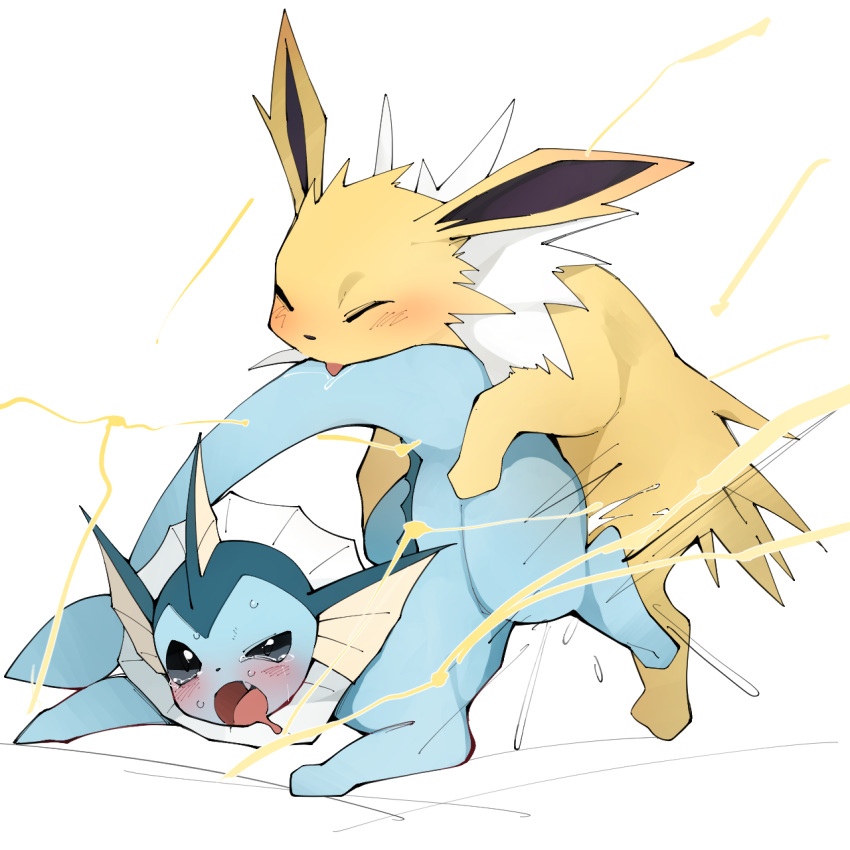 1:1 2020 all_fours ambiguous_gender ambiguous_penetration blush bodily_fluids cum cum_inside cute_fangs doggystyle duo eeveelution ejaculation electricity eyes_closed feral feral_on_feral from_behind_position genital_fluids hi_res jolteon male male/ambiguous mammal nintendo open_mouth penetration pok&eacute;mon pok&eacute;mon_(species) quadruped sex simple_background sweat tears tongue tongue_out vaporeon video_games youjomodoki