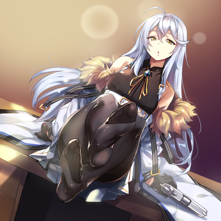 1girl black_legwear counter_side desk disdain feet feet_up fur-trimmed_jacket fur_trim gaeun gun handgun highres jacket long_hair on_desk pistol sitting sitting_on_desk thighhighs thighs weapon white_hair yellow_eyes