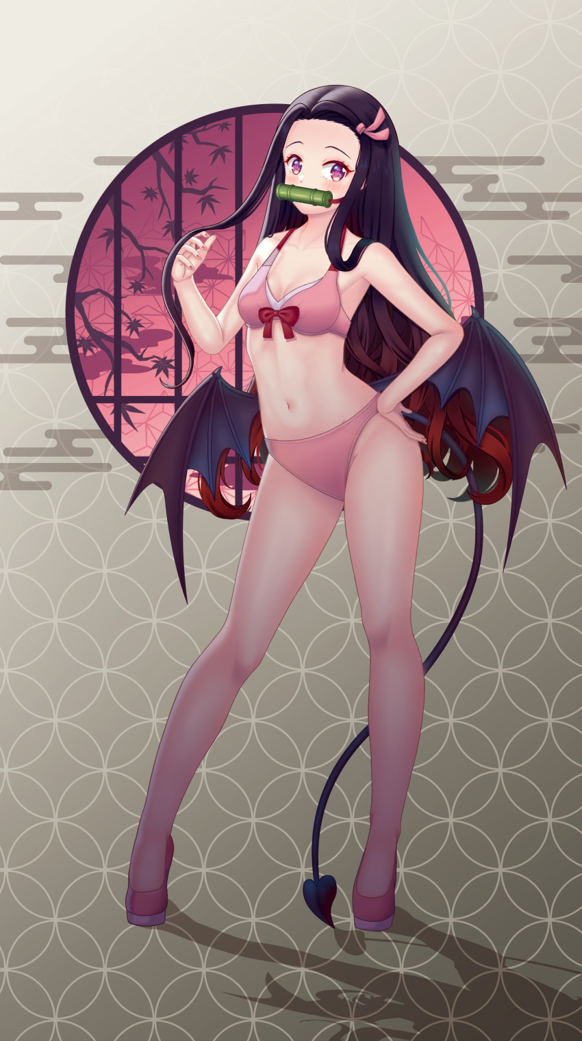 1girl absurdres bamboo bikini bit_gag black_hair breasts demon_girl demon_tail demon_wings english_commentary full_body gag hair_ornament highres kamado_nezuko kimetsu_no_yaiba long_hair looking_at_viewer mayuneaw navel pink_bikini pink_eyes small_breasts solo standing swimsuit tail very_long_hair wings