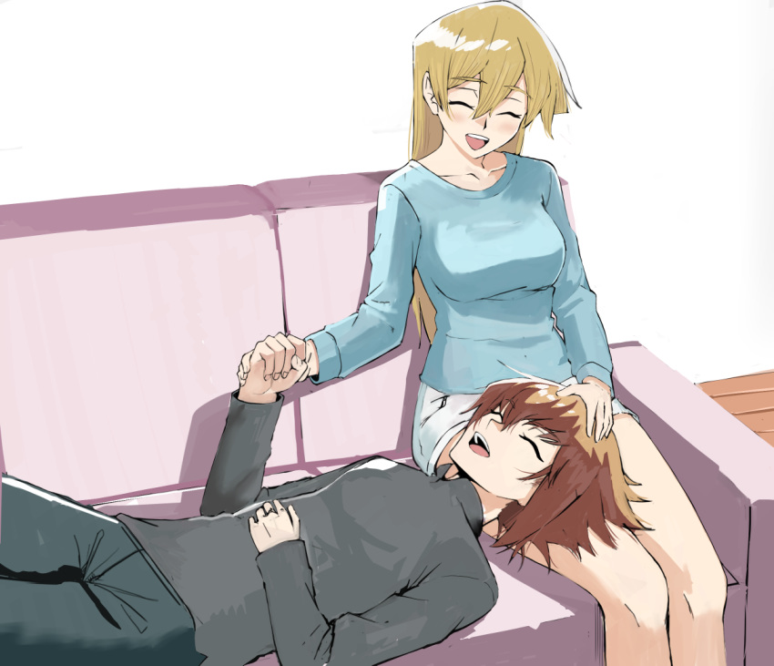 1boy 1girl :d bangs black_pants blonde_hair blue_shirt blush breasts closed_eyes collarbone couch couple eyebrows_visible_through_hair grey_shirt hair_between_eyes hand_on_another's_head indoors lap_pillow long_hair long_sleeves lying medium_breasts on_back open_mouth pants rourou_ill shiny shiny_hair shirt short_shorts shorts simple_background sitting smile straight_hair tenjouin_asuka very_long_hair white_background white_shorts yuu-gi-ou yuu-gi-ou_gx yuuki_juudai