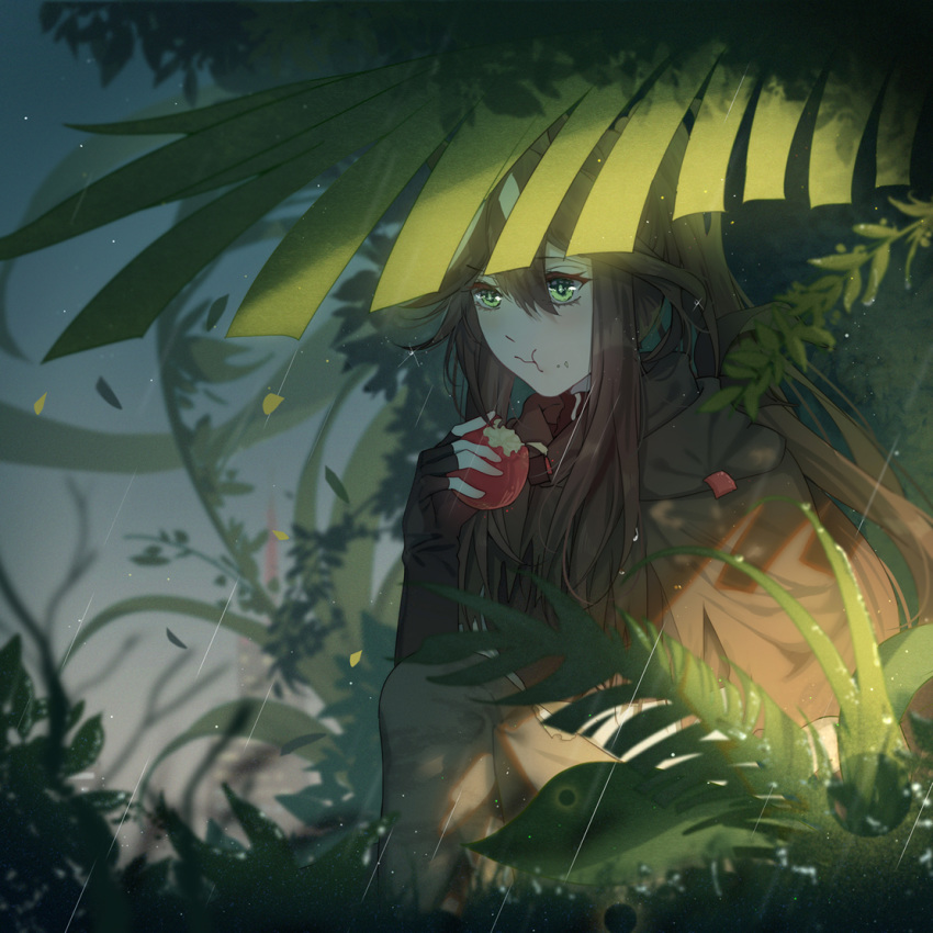 1girl animal_ears apple arknights bangs brown_hair eating eyebrows_visible_through_hair fingerless_gloves food food_on_face fruit gloves green_eyes hair_between_eyes holding holding_food horse_ears horse_girl lingmuqianyi long_hair meteor_(arknights) outdoors plant ponytail rain sitting solo wet_lens