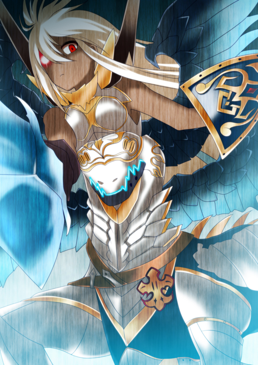 1girl ahoge armor armpits ayasato_karen bangs bare_shoulders belt blue_background breastplate breasts brown_belt brown_gloves centauroid commentary_request cowboy_shot dark_skin dragon dragon_wings flying frown gloves glowing glowing_eye granblue_fantasy hair_between_eyes highres holding holding_shield holding_sword holding_weapon long_hair looking_at_viewer medium_breasts monster_girl red_eyes shield sidelocks solo sword weapon white_armor white_hair wings zooey_(granblue_fantasy)