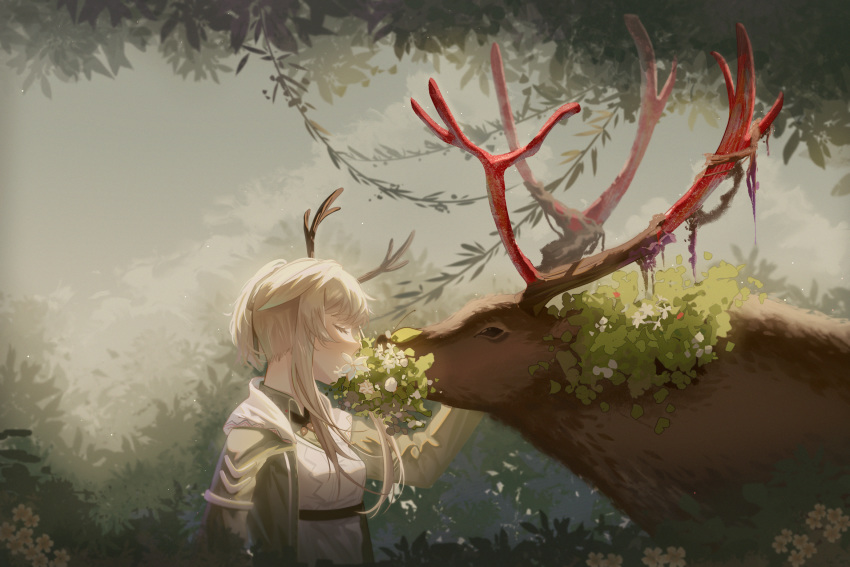 1girl animal antlers arknights autumn breasts bush chinese_commentary closed_eyes collared_shirt commentary_request firewatch_(arknights) flower hair_ribbon hand_on_another's_cheek hand_on_another's_face highres hood hood_down hoodie leaf leaf_background lingmuqianyi long_hair open_clothes open_hoodie outdoors platinum_blonde_hair ponytail reindeer reindeer_antlers reindeer_girl ribbon shedding shirt sidelocks small_breasts tied_hair
