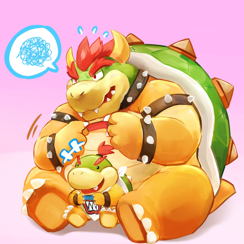 1:1 2020 annoyed anthro belly bowser bowser_jr. cute_fangs duo father father_and_child father_and_son hair hi_res horn kemono koopa lates male mario_bros nintendo nintendo_switch overweight parent parent_and_child pictographics red_hair scalie simple_background sitting son speech_bubble spikes video_games