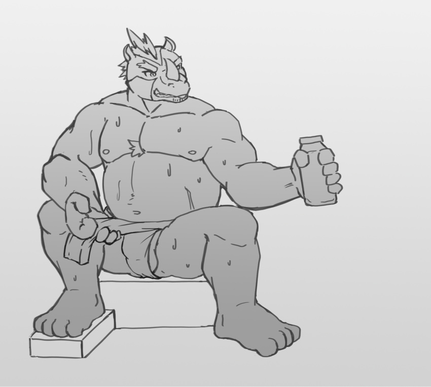 2019 anthro arkross1999 asian_clothing balls belly bodily_fluids clothing east_asian_clothing fundoshi genitals hi_res humanoid_hands japanese_clothing kemono male mammal monochrome moobs nipples rhinocerotoid simple_background sitting solo sweat underwear